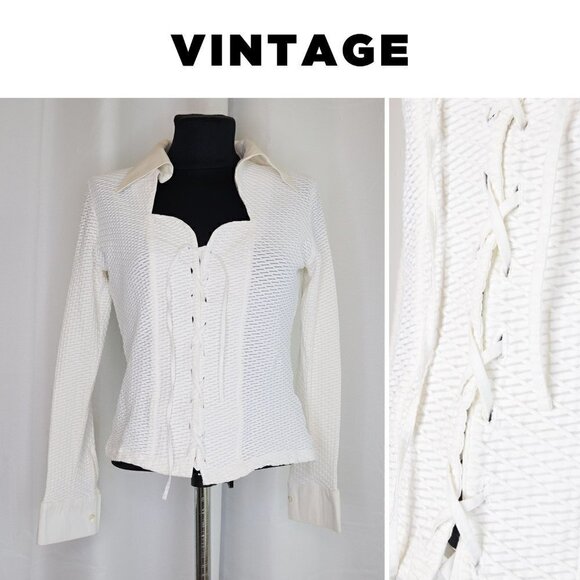 Vintage Y2K Corset Lace Up Rayure Paris Blouse Sz 8/M - Picture 1 of 8